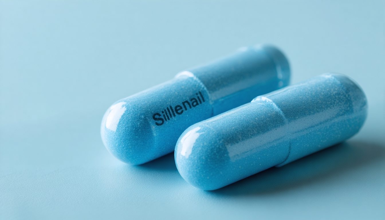Blister pack of sildenafil tablets next to a glass of water on a bedside table