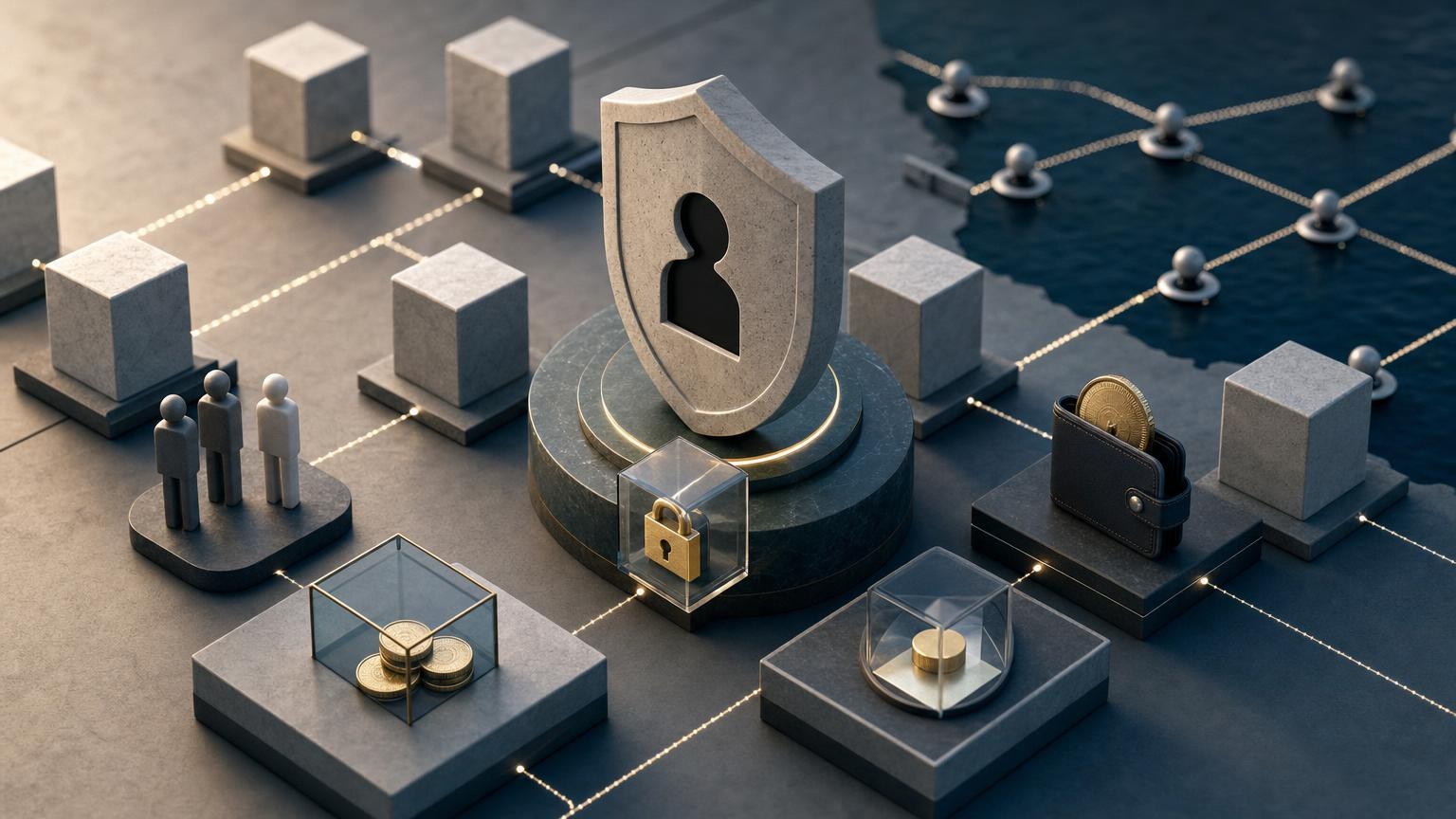 Representação de transações numa blockchain pública, com endereços pseudónimos, ligações entre carteiras e diferentes camadas de privacidade digital